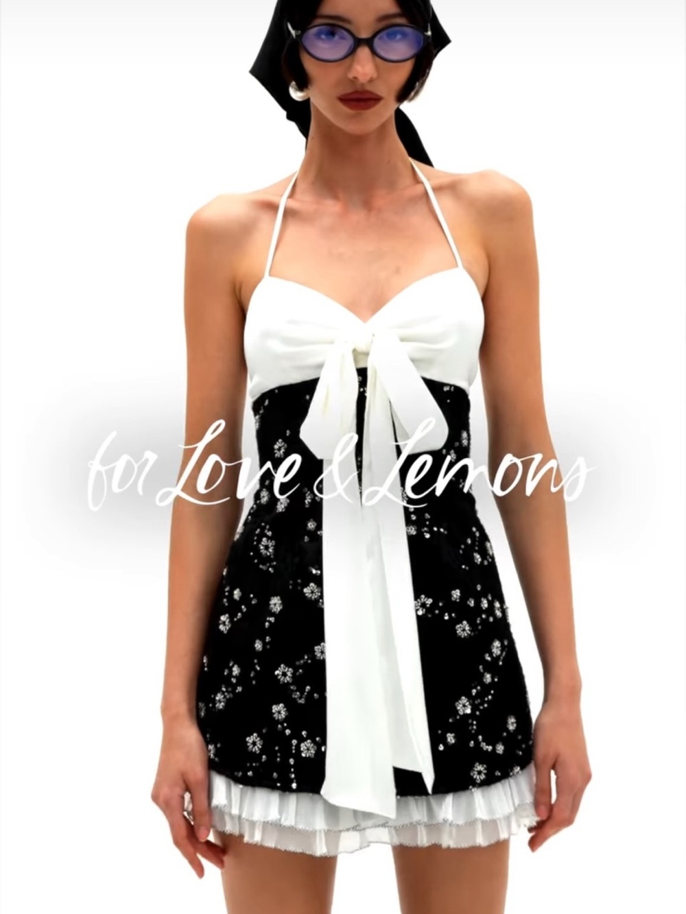 For Love & Lemons Black and White Halter Tie-Front Mini Camisole